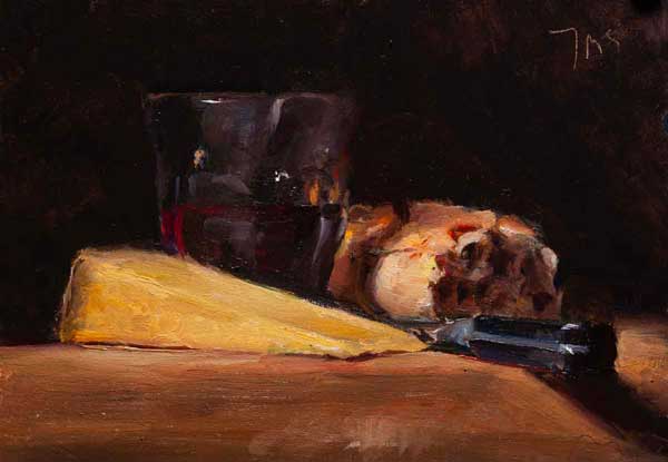 daily painting titled Still life with bread, wine and Cantal vieux