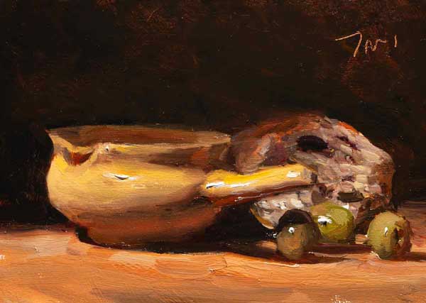 daily painting titled Bowl with olives and bread