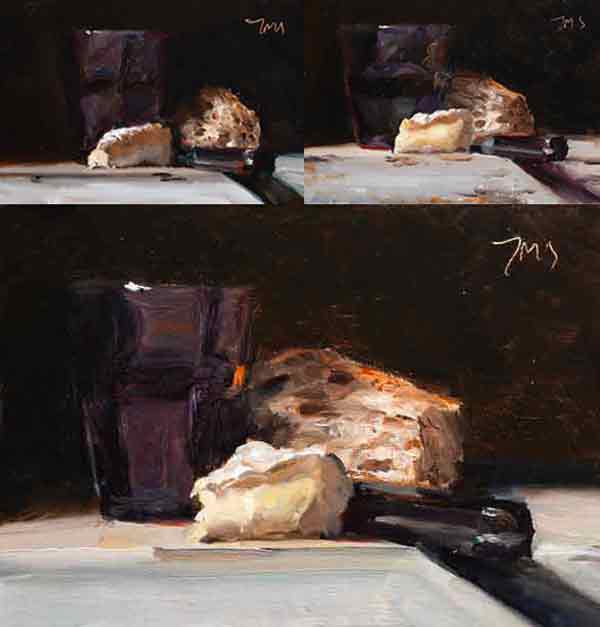 Daily painting of Three paintings of bread, cheese and wine