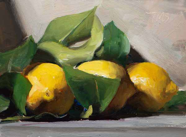 daily painting titled Lemons (Citrons feuilles)