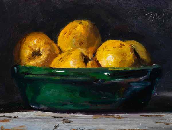 daily painting titled Quinces in a green bowl