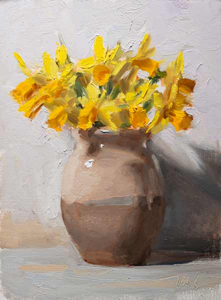 daily painting titled Jonquils in an old Provencal pot