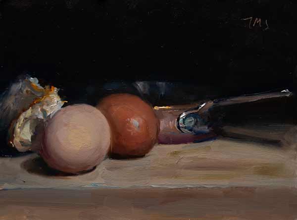 daily painting titled Eggs, bread and copper pan