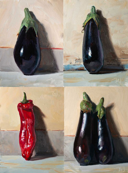 daily painting titled Aubergines and peppers