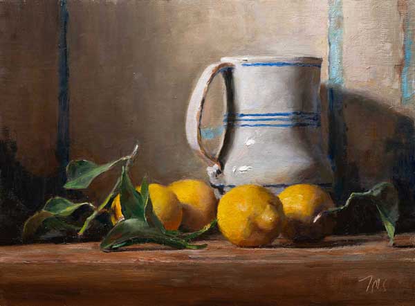 daily painting titled Lemons and Spanish jug