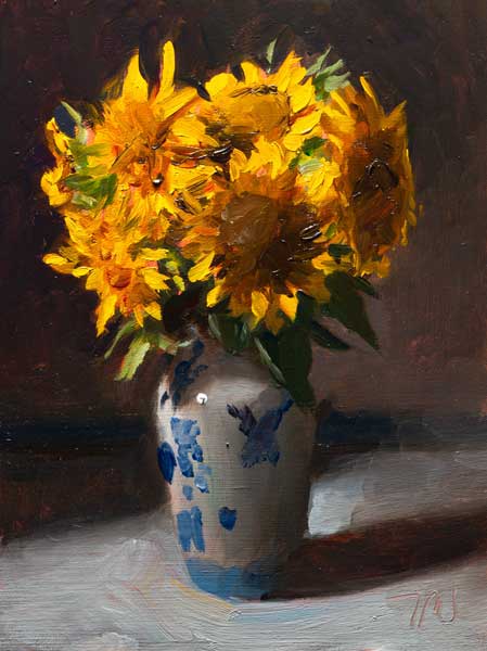 daily painting titled Sunflowers in a Delft vase