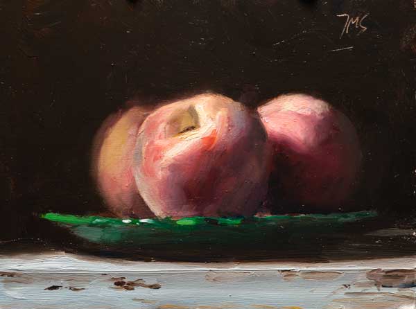 daily painting titled Peaches on a green plate