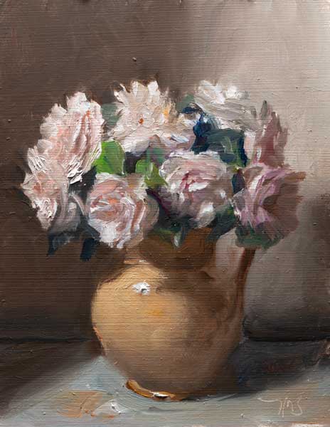 daily painting titled Roses in a yellow jug