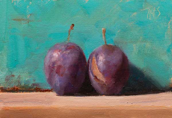 daily painting titled Plums with blue/green background #3