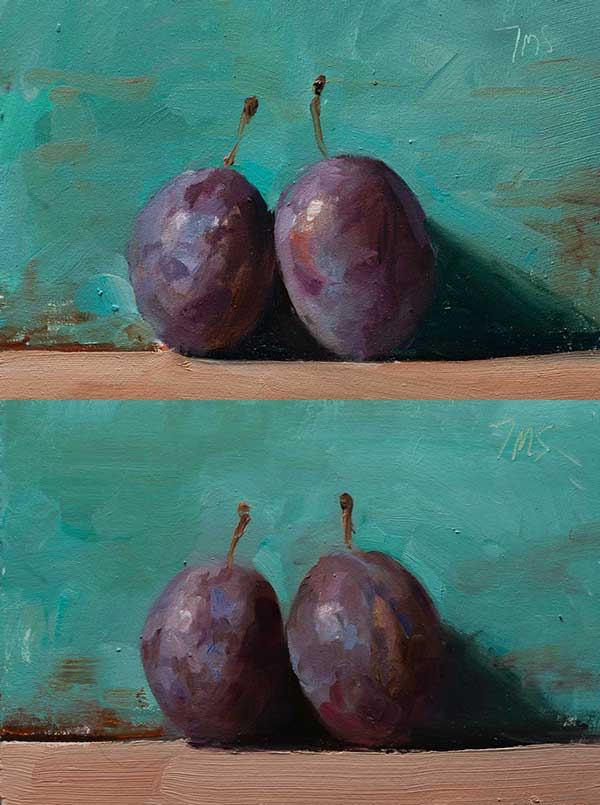 daily painting titled Plums with blue/green background 