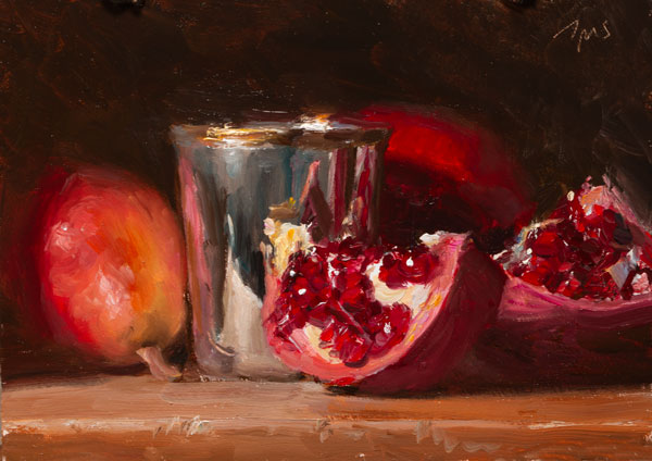 Daily painting of Pear, pomegranates and silver goblet