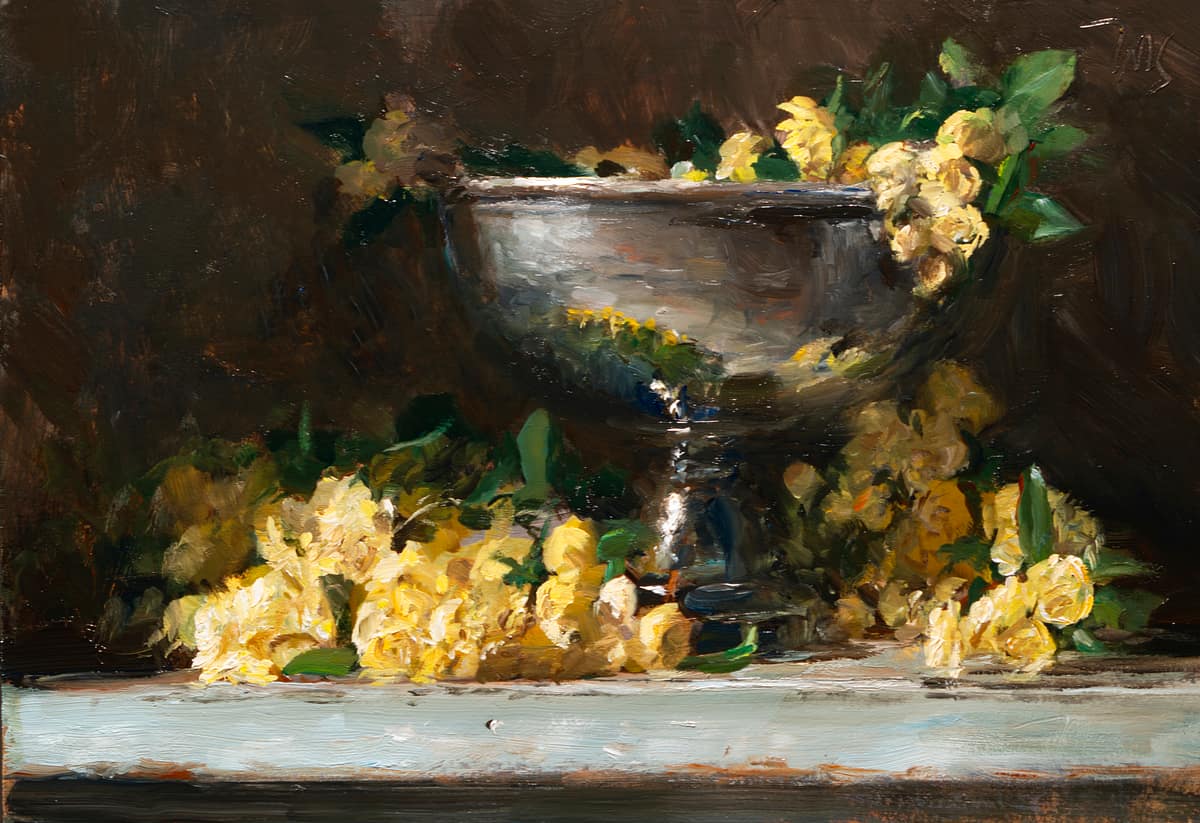 Lady Banks' roses with silver bowl