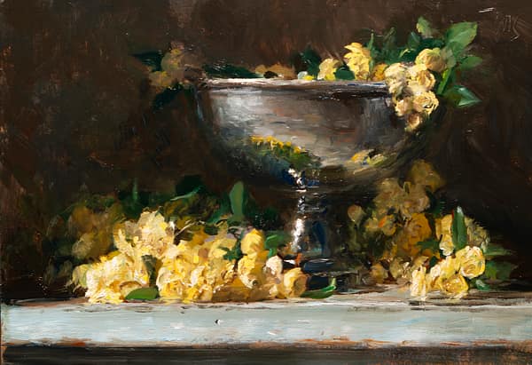 Lady Banks' roses with silver bowl, painted 10 April 2026