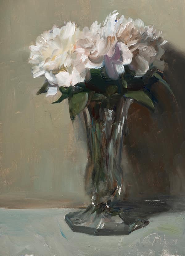 Peonies in a glass vase, painted 19 April 2026