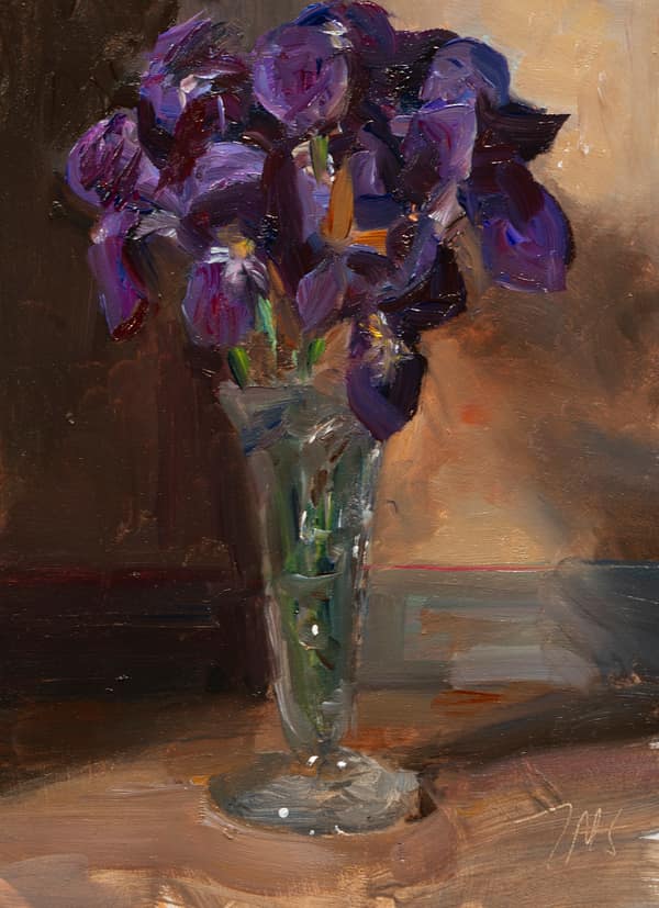 Irises in a glass vase, painted 23 April 2026
