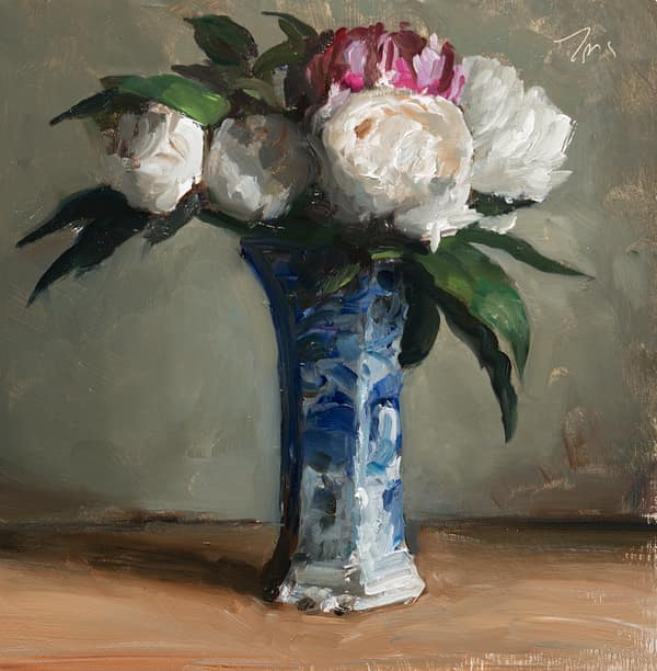 Peonies in a Delft vase, painted 30 April 2026