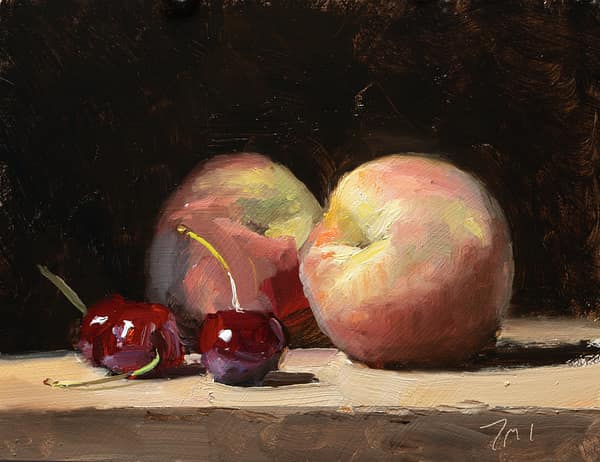 Still life with peaches and cherries, painted 12 June 2026