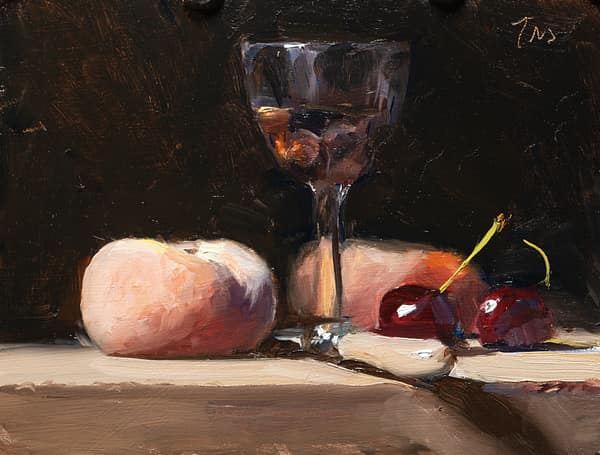 Still life with cherries, flat peaches and desert wine, painted 13 June 2026