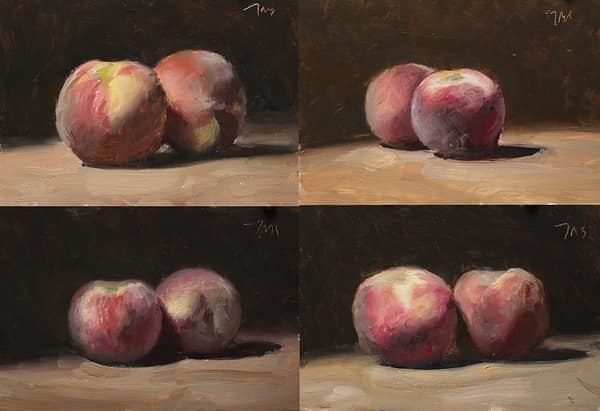 Four paintings of peaches, painted 26 June 2026