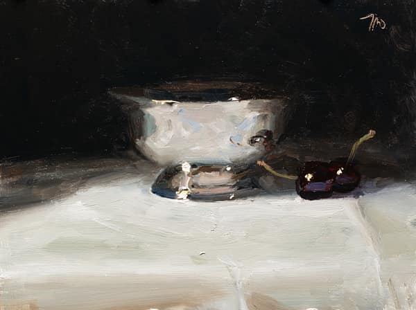 Silver bowl and cherries, painted 30 July 2026