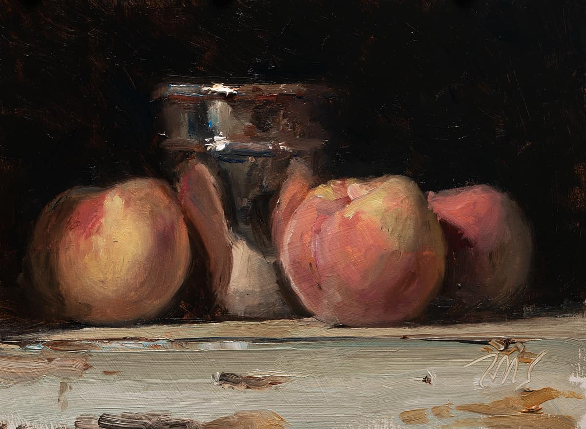 Daily painting: Pêches blanches et timbale d'argent