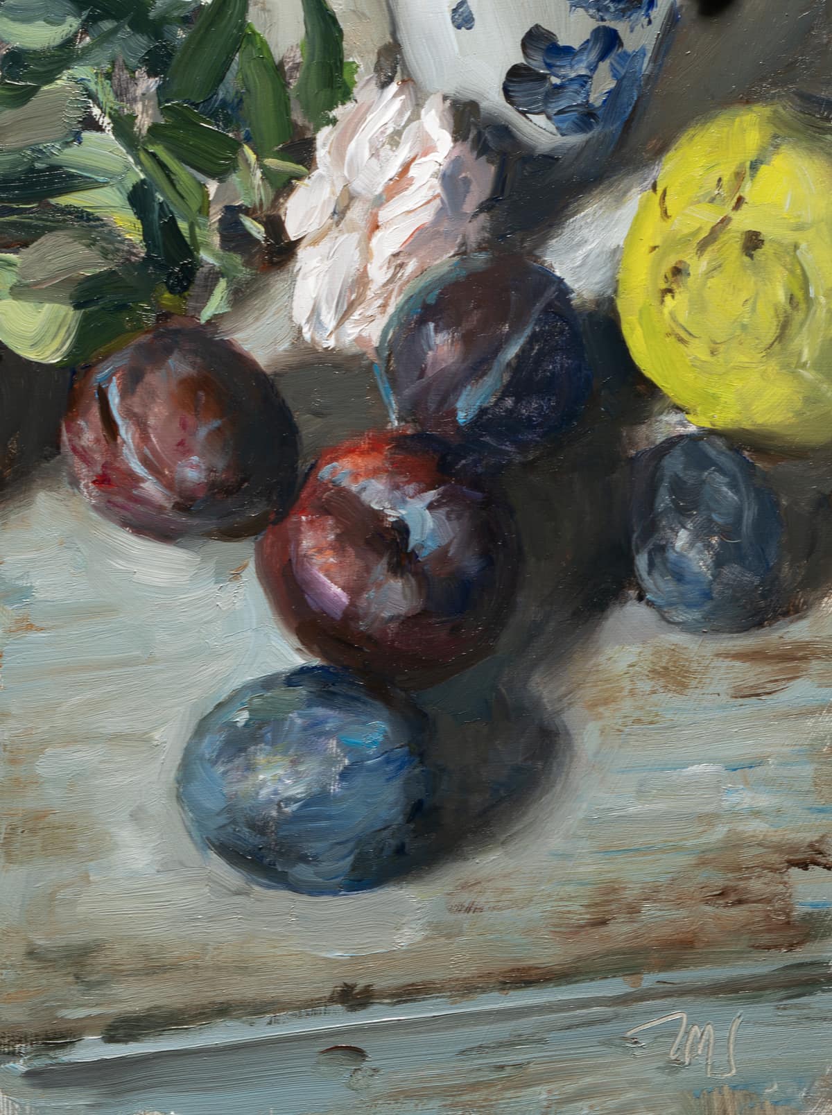 Daily painting: Plums, rose and quince