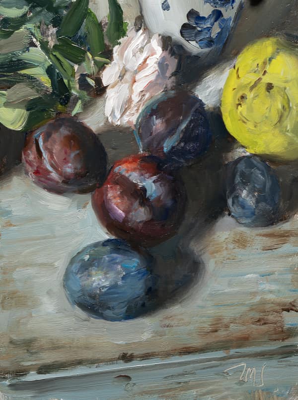 Plums, rose and quince, painted 28 September 2026
