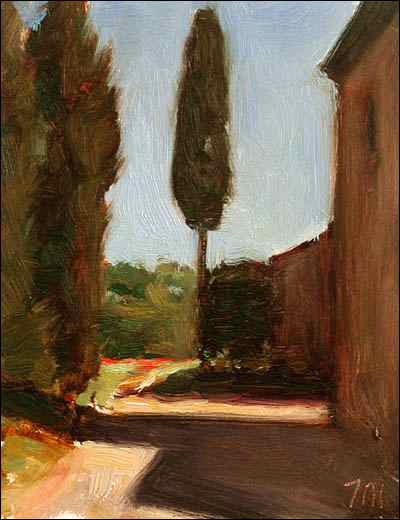 daily painting titled House, Shadows and Cypress Tree