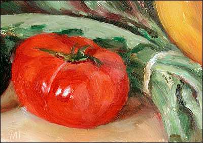 daily painting titled Still life with Tomato, Artichokes and courgette