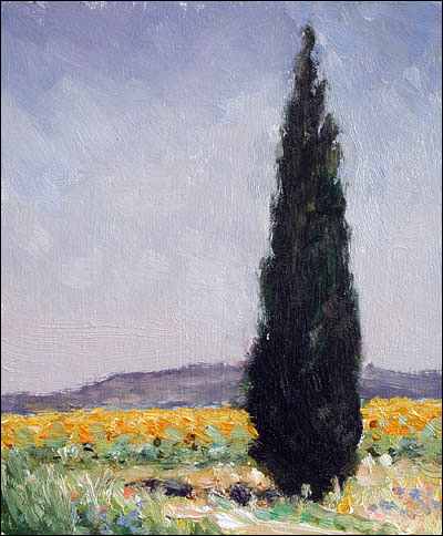 daily painting titled Sunflowers and Cypress Tree