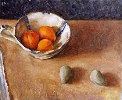 daily painting titled Still life with Fresh Almonds and Apricots in a cup