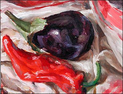 daily painting titled Aubergine and Red Pepper no.2