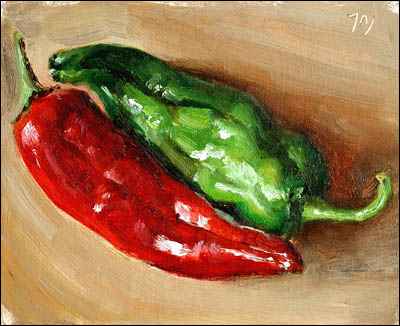 daily painting titled Red and Green (two Peppers)
