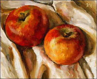 daily painting titled Two Apples on a White Cloth
