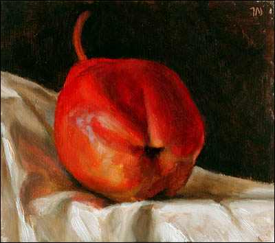 daily painting titled Red Pear on a White Cloth