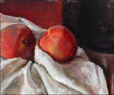 daily painting titled Peaches on a White Cloth