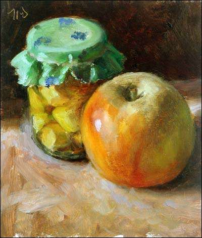 daily painting titled Jar of little Chevres and Apple