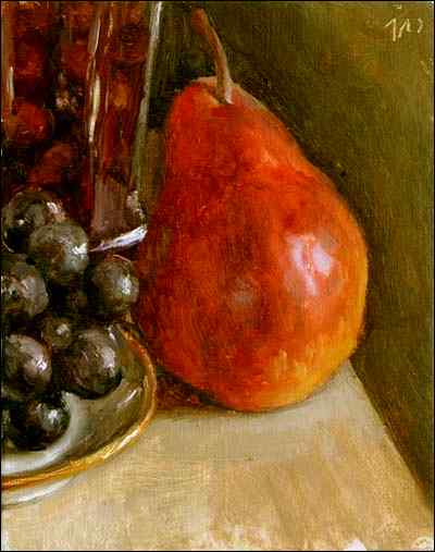 daily painting titled Red Pear, Black Grapes and Bottled Cherries