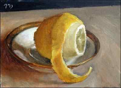 daily painting titled Peeled Lemon on a Saucer
