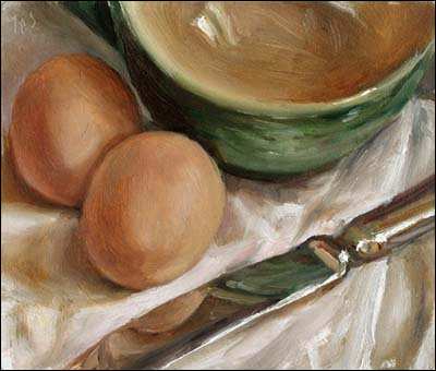 daily painting titled Two Eggs, Cup and Knife on a White Cloth