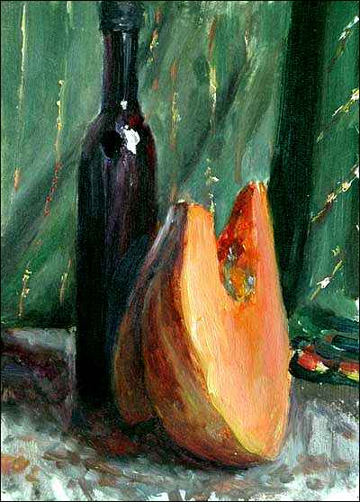 daily painting titled Bottle and Pumpkin against a Green Cloth with Gold Thread