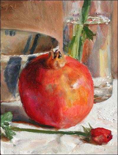 daily painting titled Pomegranate, Cup and Flowers