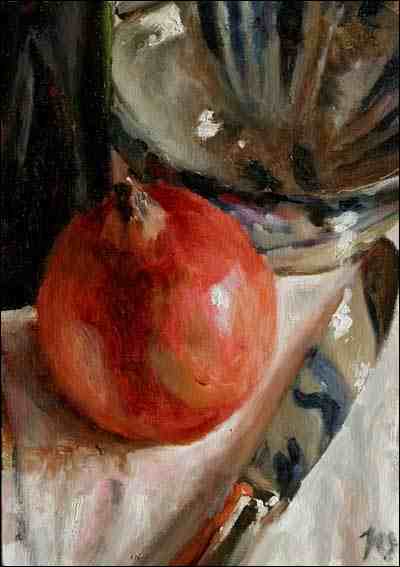 daily painting titled Pomegranate, Bottle, Cup and Knife