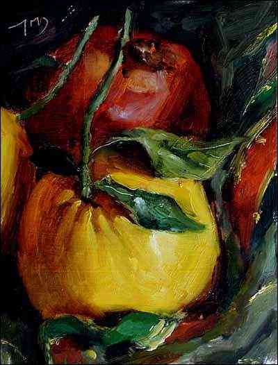 daily painting titled Oranges and Pomegranates on a Green Cloth