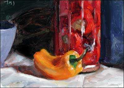 daily painting titled Yellow Pepper and Stuffed Peppers in a Jar