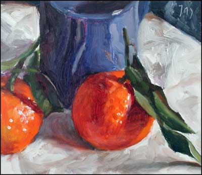 daily painting titled Clementines and Blue Mug