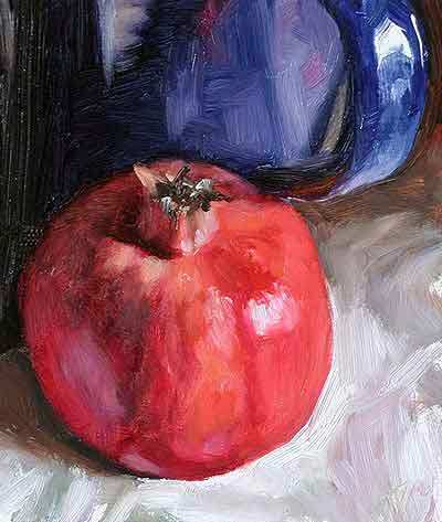 daily painting titled Pomegranate, Bottle and Blue Jug