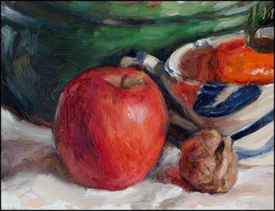 daily painting titled Red Apple and Walnut