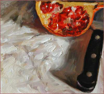 daily painting titled Pomegranate Quarter and Knife on a White Cloth