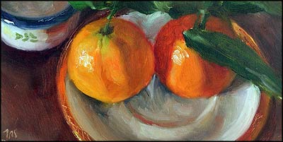 daily painting titled Clementines on a Gold Rimmed Saucer